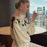 Yuanfeng Heavy Industry Mesh Stitching Satin Embroidered Shirt Women's 2023 Early Autumn New