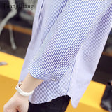 New Spring Three Quarter Sleeve Stand Collar Shirt Women Blue And White Striped Loose Plus Size Blouse Female Vintage