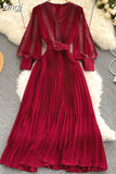 Women Lace Patchwork Pleated Chiffon Long Dress Autumn Winter Red/Black/Blue Draped Party Vestidos With Sashes Female Robe