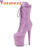 Pure Colour Lace Up Model Walk Show Short Boots Suede Stripper 20CM Super High Heel Shoe Women Candy Color Platforms Party