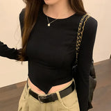 Feeling Round Collar Solid Color Fishbone Blouse Women's Autumn New Style Long Sleeves Waist Short Style Bottom Shirt