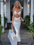 White Cut Out Maxi Dresses For Women Spaghetti Strap Backless Sexy Beach Dress Boho Long Summer Dress 2022 Party