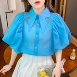 Summer New Women Shirts Diamonds Tirn Down Collar Puff Sleeve Blouse Women Tops See Through Single Breasted Blusas