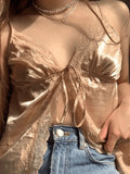 Lace Paneled Split Satin Crop Cami Top-Outfit