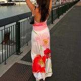 Zingj Holiday Style Features Rose Floral Print Slip Dress U Neck High Waist A Dress