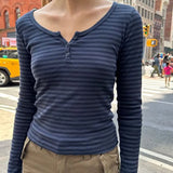 Zingj Wind Navy Blue Three Button Stripe Long Sleeve T Shirt Female Autumn BM Retro Hot Girl Slim Bottom Top