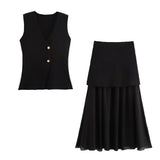 Women's 2025 Summer New V-Neck Gold Button Knitted Vest + Folding Skirt
