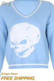 Skulls Blue Knitted Sweaters for Women Fashion Winter Tops Oversized Jumper V Neck Long Sleeve Pullovers Halloween