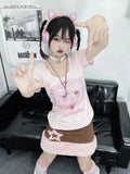 Aesthetic Kawaii Cute Cartoon Print Crop Top 2024 Summer All Match Casual Women T-shirt Grunge Hollow Out Fashion