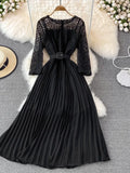 Women Lace Patchwork Pleated Long Dress Vintage Round Neck High Waist Big Swing Draped Vestidos Female Green/Red Robe