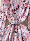 Floral Midi Dress Women Elegant V-Neck Lantern Long Sleeve High Waist Draped A-Line Casual Vestidos Female Spring