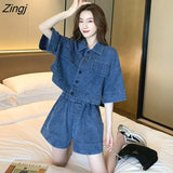 Women Denim Thin Breathable Single Breasted Elastic Waist Basic Elegant Young 2XL Solid Simple Stylish Chic Leisure