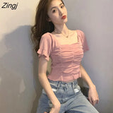 Women Puff Sleeve Pleated Square Collar Pullover Solid Elegant Chic Womens Korean Style Slim Simple Trendy Soft Sexy