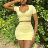 Summer Skirt Suit Women Solid Color Short Sleeve Shirt Square Neck Crop Top Mini Skirt Tracksuit Casual 2 Piece Set