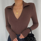 Women V-neck Long Sleeve Skinny T-Shirt Female Sexy Top Autumn Winter Casual Slim Ladies Tees