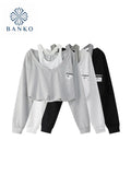 Fashion Women Fake Two Pieces Strapless Crop Top Preppy Style Blouse Harajuku Hoodie Loose Casual Pullovers