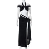 High Split Bandage Hollow Out Long Beach Dress 2022 Summer Women Halter Neck Solid Black 2 Piece Set Party Dresses