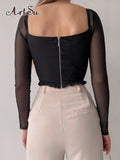 2022 Summer Frill Crop Top Fashion Back Zipper Mesh Sleeve Patchwork Corset Women Sexy Square Collar T