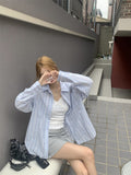 Zingj Stripe Polo Collar Long Sleeve Shirt Coat Female Autumn Thin Loose Show Thin Sunscreen Cardigan