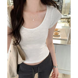 Low Round Collar Solid Color Short-Sleeved T-Shirt Women's Early Spring New U-Collar Slub Cotton Slim And Thin Bottom