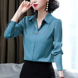 Women's Silk Shirts 2023 Spring Fashion Solid Loose Fashion Ladies Tops Button Long-sleeve Blouse Turn-down Collar Women