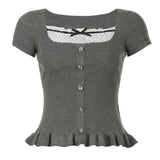 Zingj Two Vintage Wool Square Collar Short-Sleeved T-Shirt Top Women's 2024 Summer INS New Women's