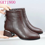 New Ankle Boots Women Pointed Toe Thick Heels Genuine Leather Shoes Short Boots Soft Sole Footwear Plus Size