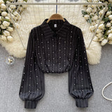 Zingj Socialite Style High-End Shirt Autumn And Winter Lantern Sleeve Diamond-Encrusted Loose Design Minority Light Extravagant