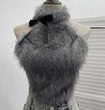 Bow Decorative Hair Splicing Elastic Hanging Neck Vest Outside Wearing Hairy Short Grinding Coat