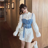 Korean Chic Suit Women 2 Piece Long Blouses Sets Puff Sleeve Turn-down Collar Tops Sashes Slim Cowboy Vest Two Piece