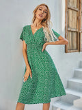 Printed Casual Beach Midi Dresses Women Summer V-neck Short Sleeve Empire Waist A-Line Dress Sundress Vestido Robes