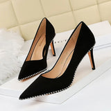 Zingj Sexy Nightclub Show Slim Ultra Thin With Fine Heel Suede Shallow Metal Chain Pointed Women's Single