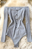 Slash Neck Long Sleeve Bodysuit Autumn 2023 Single Breasted Playsuit Red/Gray/Black Sexy Knitted Rompers New Fashion