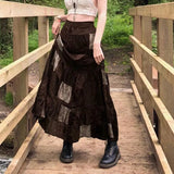 Zingj Rural Girl Velvet Print Patch Patchwork Skirt Low Waist Retro A-Line Long Slim