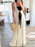 Tie Knitted Deep V-neck Long Dress Women Sexy Slim Sleeveless Contrasting Robes 2024 Summer Lady Evening Party
