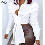 Spring Summer Buttoned Puff Sleeve Tied Detail Top Women Solid White Turn Down Collar Long Sleeve Sexy T-Shirts Female