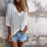 For The New T-Shirt Women's Hollow Long-Sleeved Knitted Shirt Languid Style Design V Collar Sunscreen Sexy