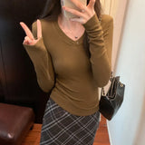 V-Collar Slim Wrinkle Waist Long-Sleeved T-Shirt Women's Autumn And Winter New Plush Plush Bottomed