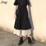 Sleeve Dress Women Summer Patchwork Fake-two Pieces Turn-down Collar Harajuku Buttons Elegant Slender Stylish Lace-up