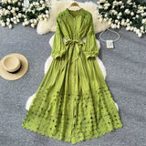 Retro Hollow Hook Lace Splicing Bow Strap With Waist Single Buckle Over Knee Dress New Autumn