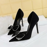 Zingj Korean Version Of Fashion High Heels With Super High Heel Shallow Mouth Tip Side Hollow Water Diamond Bow Single
