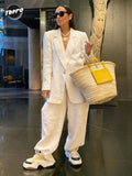 Women Solid One Button Wrinkled Blazer Suits Causal Oversized High Waist Wide Legs Pants Set Fashion Lady Street