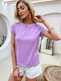 Casual solid Lace stitching cotton women T-shirt summer Hollow out sleeves o-neck female tops leisure Basic T-shirt