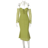 Zingj High Waist Hanging Neck Sexy Back Solid Color Slim Fish Tail Temperament Dress Long
