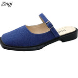 Deformed Heel Autumn Luxury Chain Square Head Shallow Flat Shoes Women's Lazy Loafer Casual Flat Square Heels Lolita