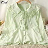 Sweet White Shirt Women Korean Lace Up Peter Pan Collar Blouses Spring Autumn Elegant Office Work Long Sleeve Ladies