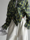 style versatile lapel loose fitting shirt 2024 autumn plaid long sleeved pocket women's