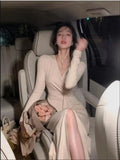 Knitted V-neck Midi Dresses for Women 2023 Autumn Elegant Party Fashion Split Korean Casual Long Sleeves Female