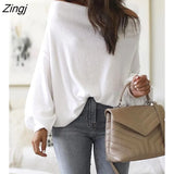 Women Fashion Casual Brief Slash Neck Long Sleeve Autumn Solid Blouse Tops Off Shoulder Lantern Sleeve Ribbed