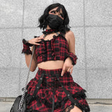Dark Plaid Sling Lace Tie Pleated Skirt 2023 Spring Personality
